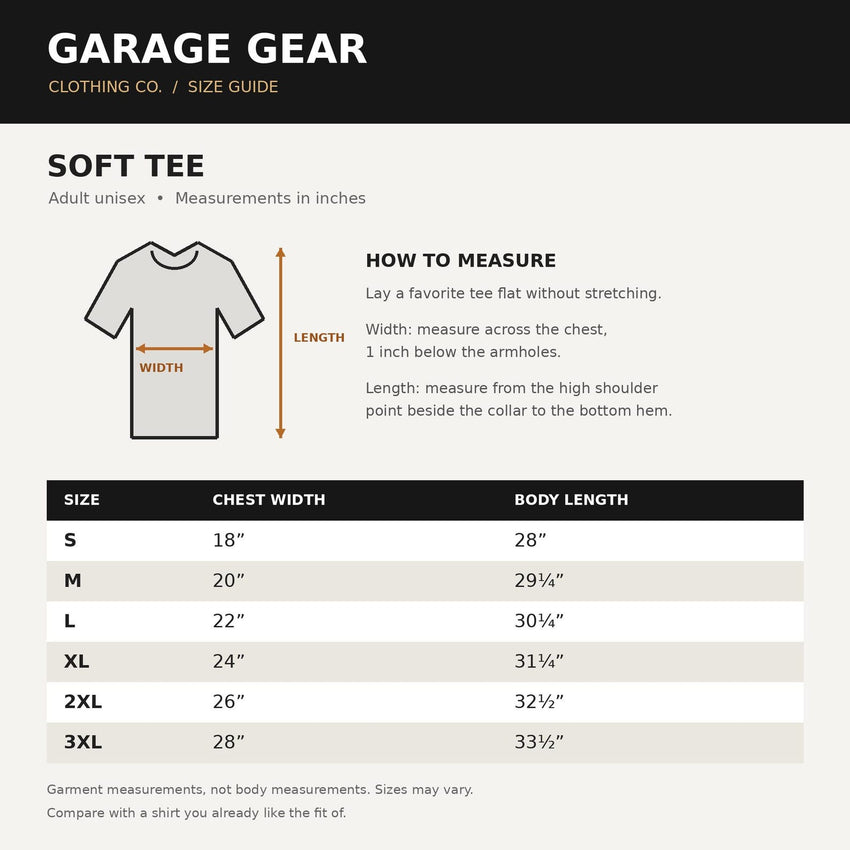 Garage Gear soft tee size chart