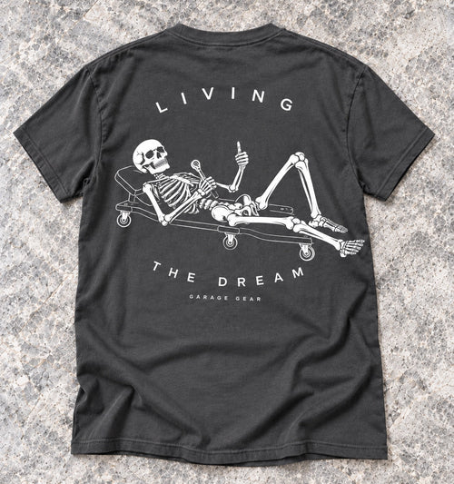 Living the Dream T-Shirt | Funny Blue Collar Work Shirt | Garage Gear — Gray back