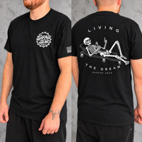 Living the Dream T-Shirt | Funny Blue Collar Work Shirt | Garage Gear — Black front and back on model