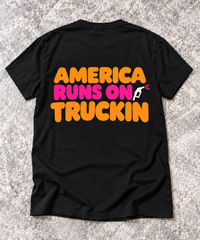 America Runs on Truckin’ Graphic T-Shirt — Black back, no sleeve flag