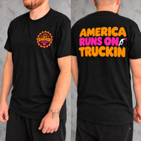 America Runs on Truckin’ Graphic T-Shirt — Black front and back on model, correct logo and no flag
