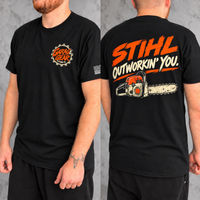 STIHL Outworkin’ You Chainsaw Graphic T-Shirt — Black front and back on model