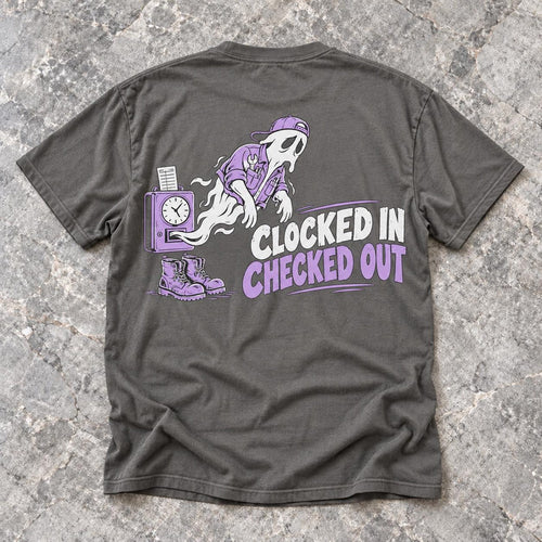 Garage Gear Tee, Ghost Mechanic Graphic, Clocked In Checked Out Lettering